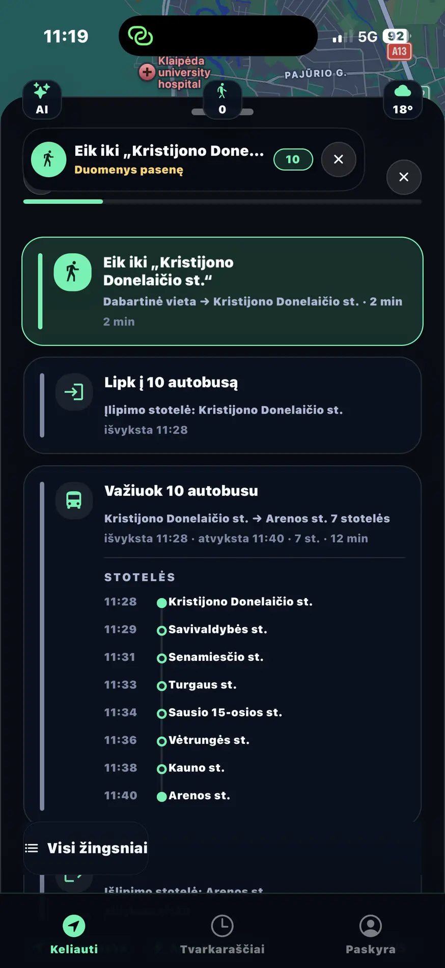 Arbebus gyvos kelionės ir stotelių ekranas