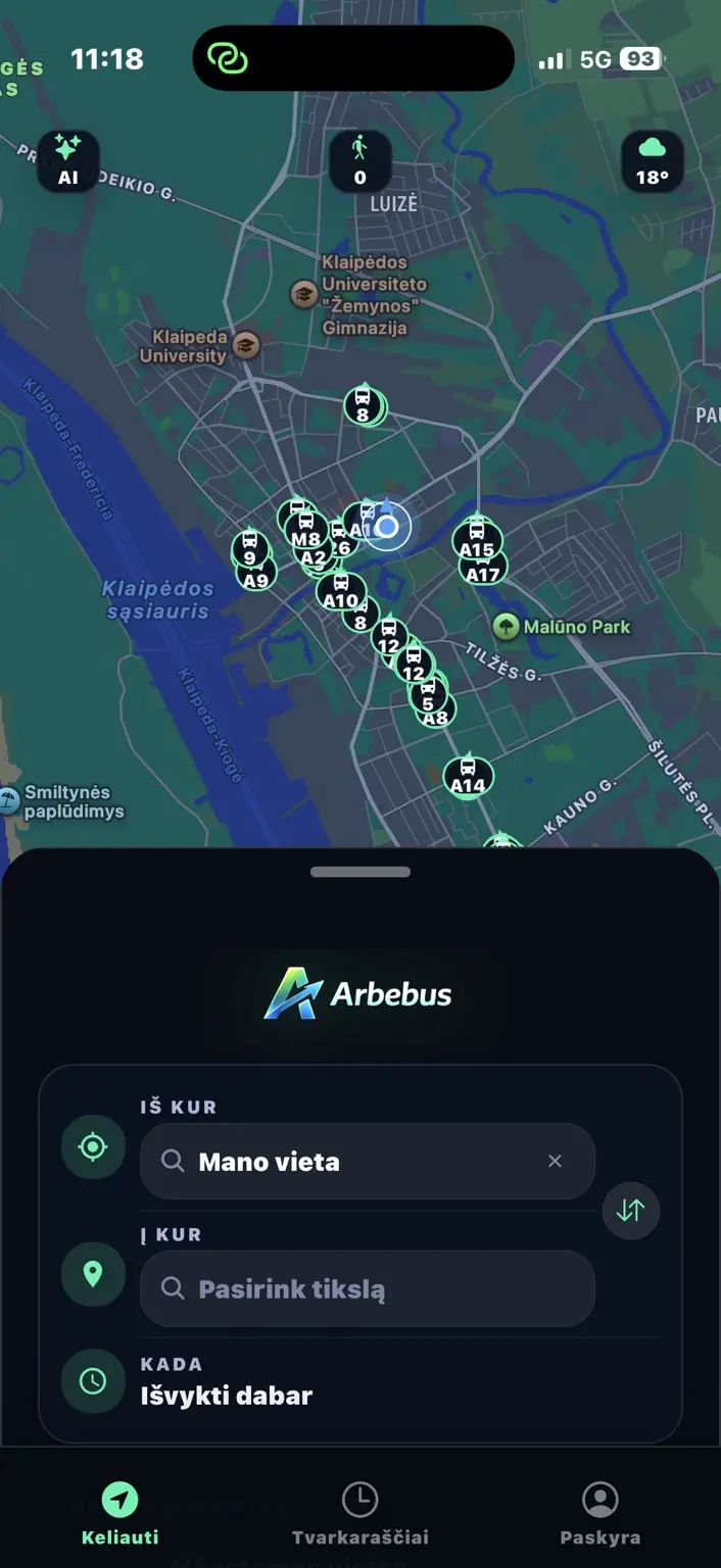 Arbebus realaus laiko transporto ir maršruto paieškos ekranas
