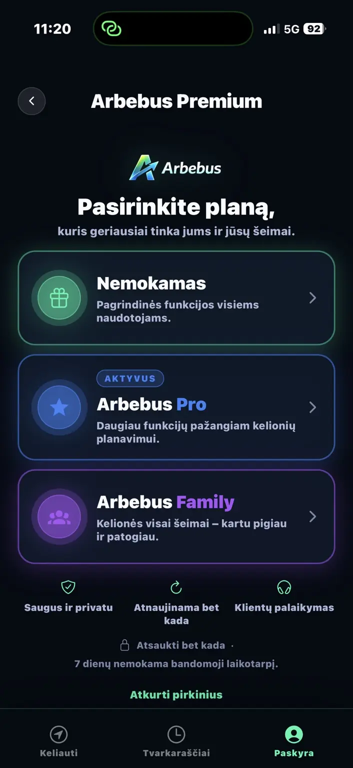 Arbebus FREE, PRO ir Family prenumeratų ekranas